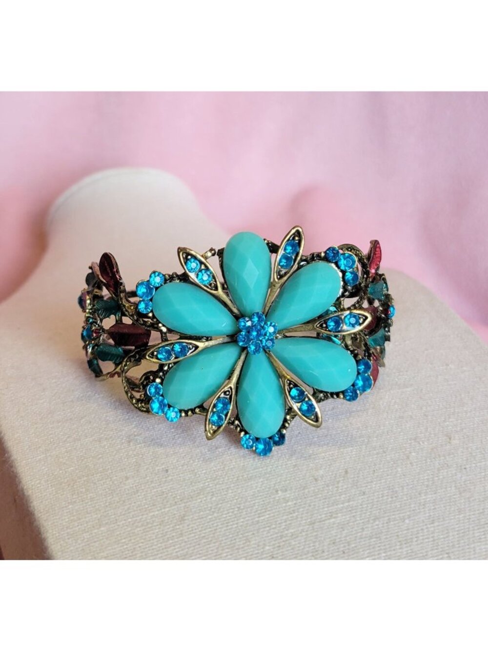 Two-toned Floral Spring Blue Rhinestone pink Clamper Bangle Bracelet B1A